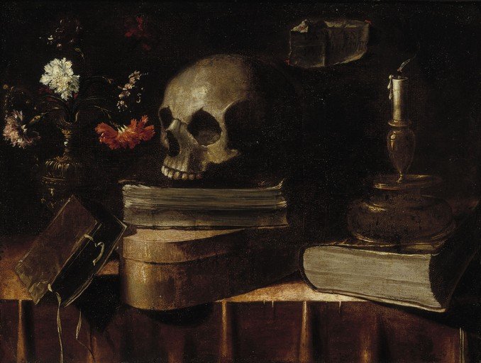 Vanitas Still Life with Skull, Books, and Candle