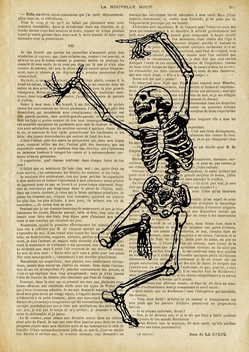 Dancing Skeleton on Vintage Book Page