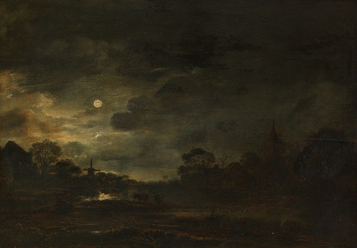 Moonlit Dutch Landscape with Farmhouses and Windmill