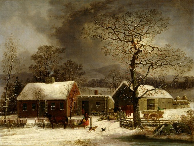 Winter Farm Scene with Horse-Drawn Sleigh