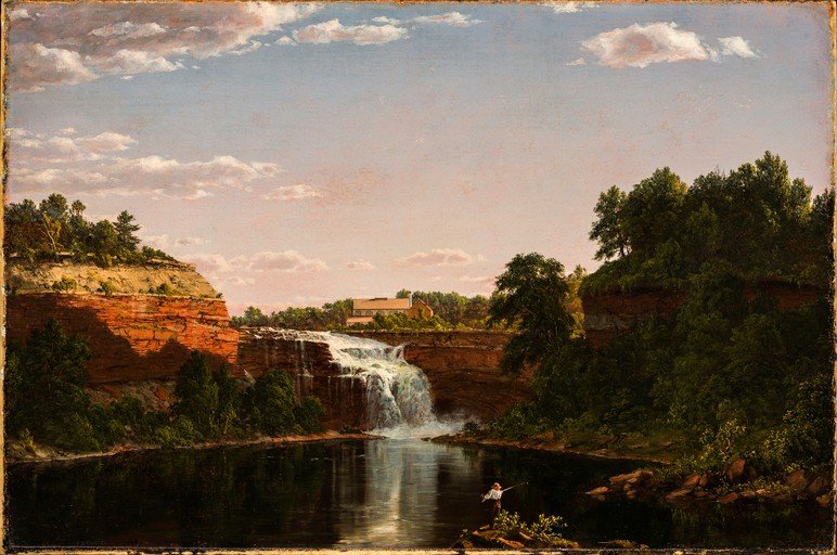 Hudson River School Waterfall Landscape with Fisherman