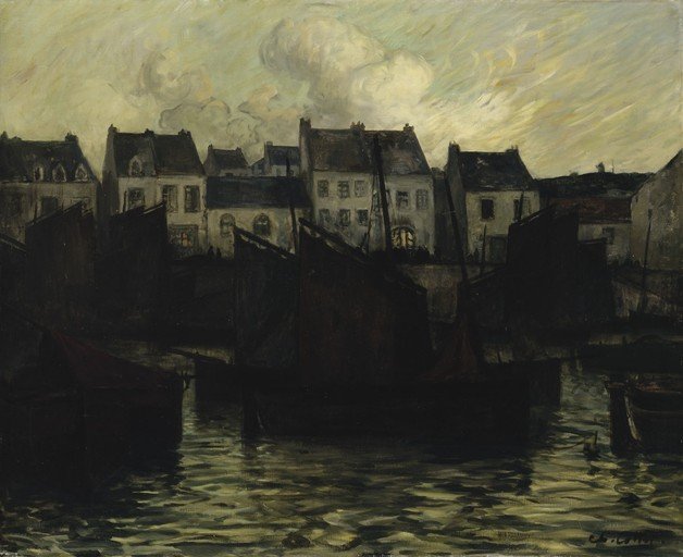 Impressionist Harbor Scene with Boats and Buildings