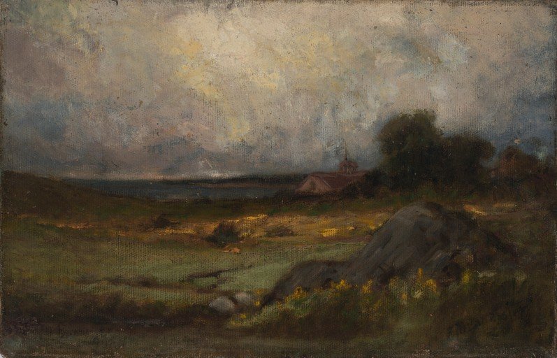 Stormy Landscape with Building and Rocky Outcrop