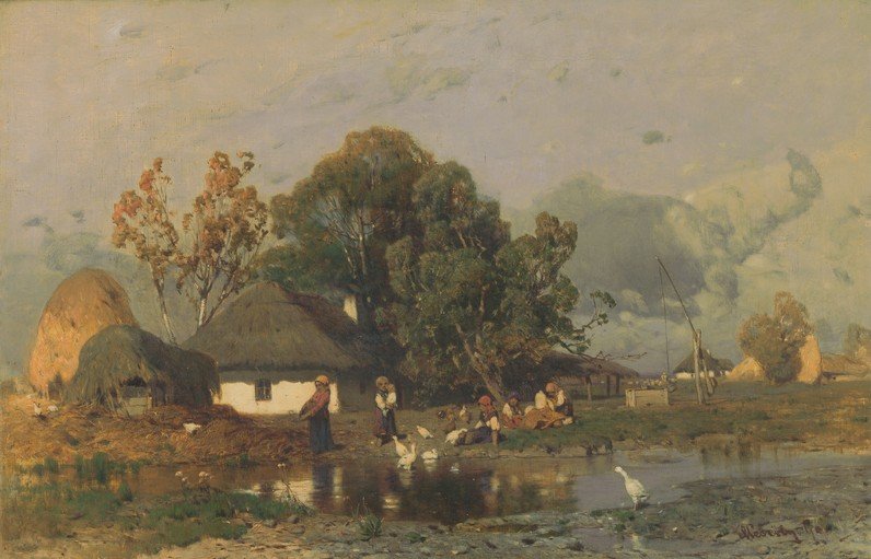 Rural Village Scene with People and Geese by a Pond