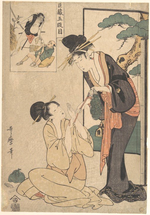 Japanese Woodblock Print: Two Women and a Scene of Conflict