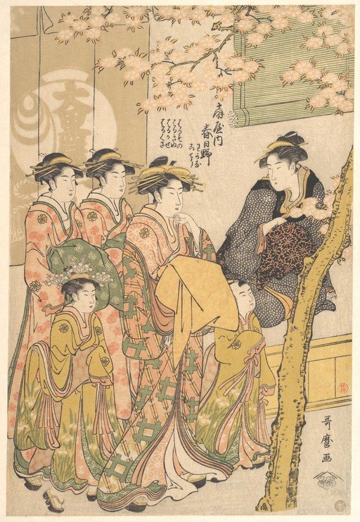 Ukiyo-e print of women and children under cherry blossoms