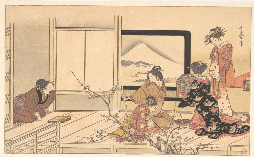 Women Admiring Plum Blossoms with Mount Fuji View