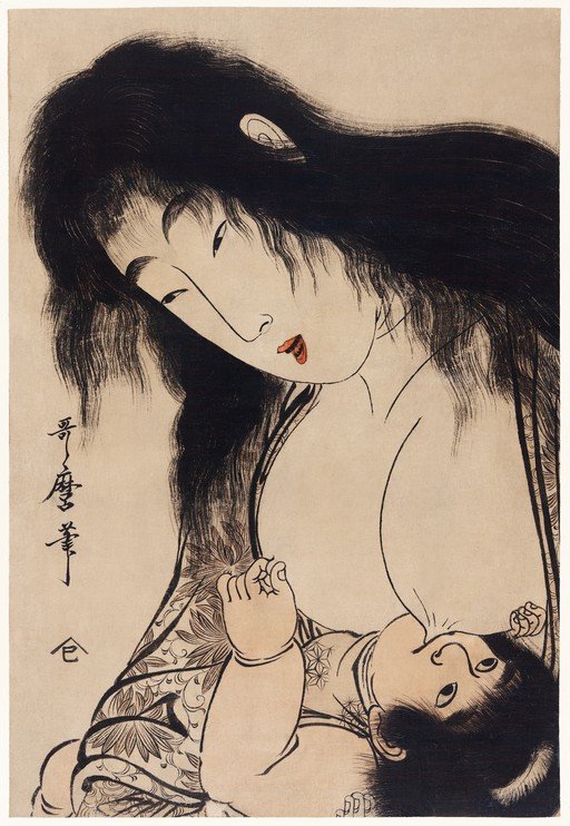 Japanese Woodblock Print of Mother Breastfeeding Baby