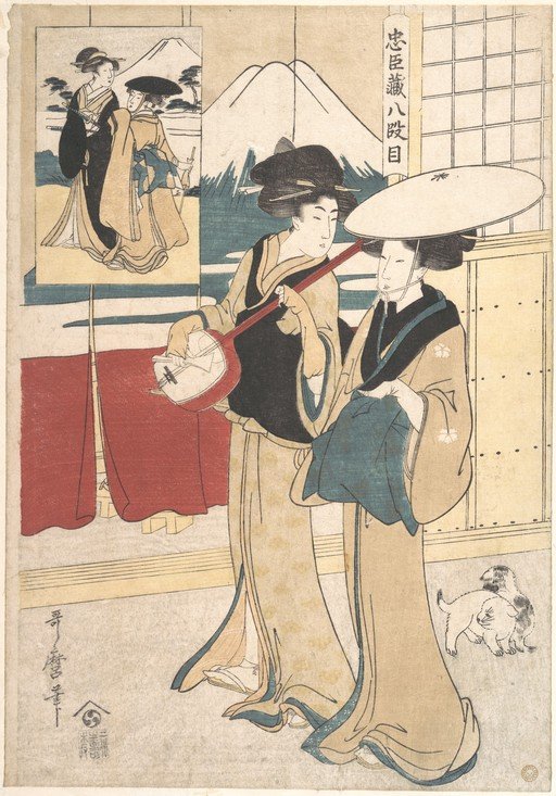 Two Women with Shamisen and Dog, Mount Fuji in Background