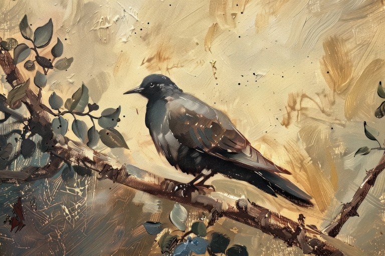 Oil Painting of a Bird Perched on a Branch