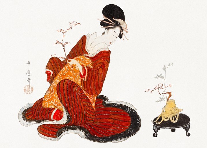 Geisha in Red Kimono with Bonsai on Cart