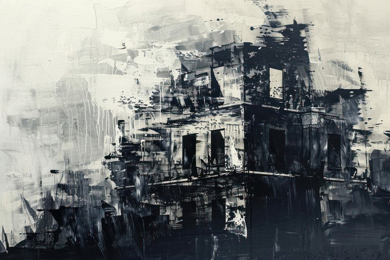 Abstract Monochrome Painting of a Deconstructed Building