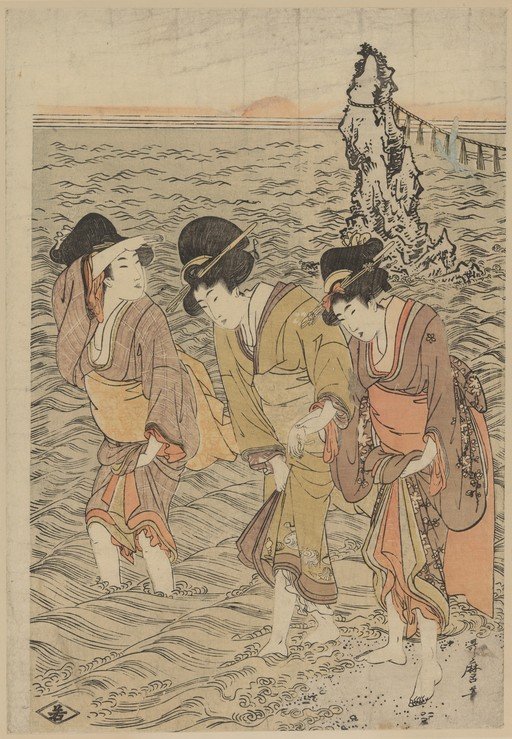 Three Women Walking Through Water in Traditional Japanese Attire