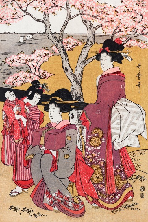 Japanese Women and Child Under Cherry Blossoms