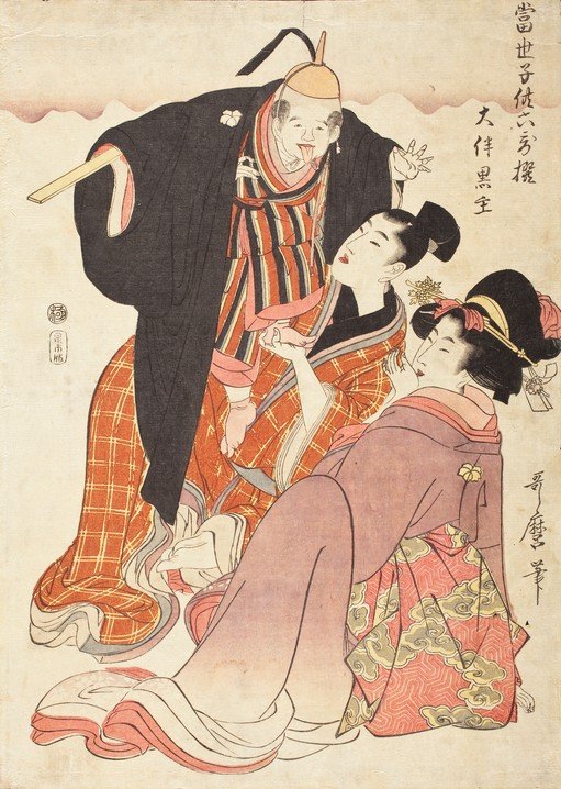Ukiyo-e print of a man and two women in traditional Japanese attire