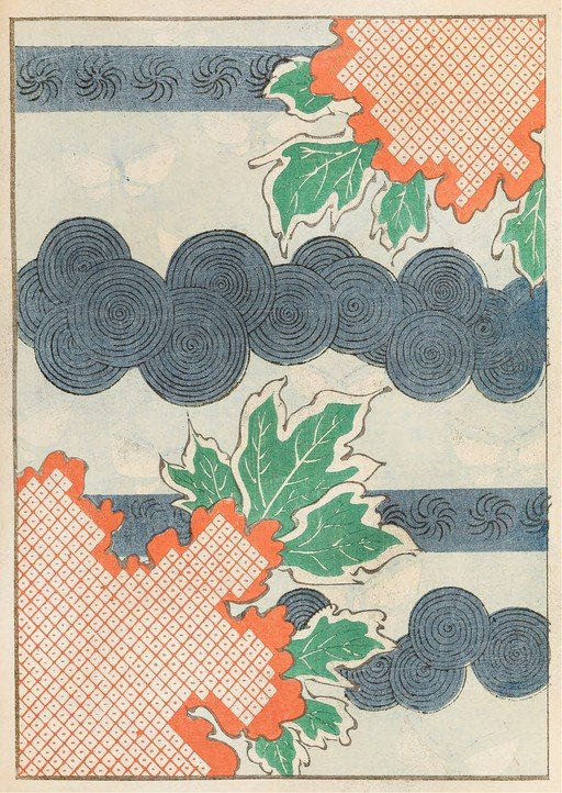 Japanese Woodblock Print: Floral and Cloud Motifs