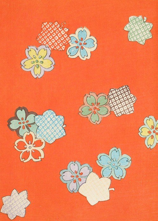 Japanese Cherry Blossom Pattern on Orange Background
