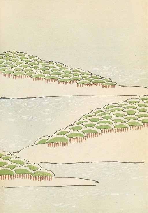 Japanese Woodblock Print of Snow-Covered Pine Trees