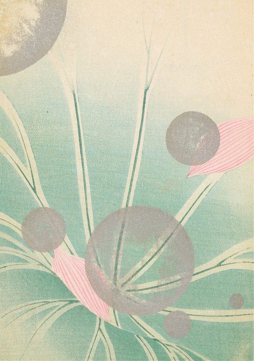 Abstract Japanese Woodblock Print of Reeds and Circles
