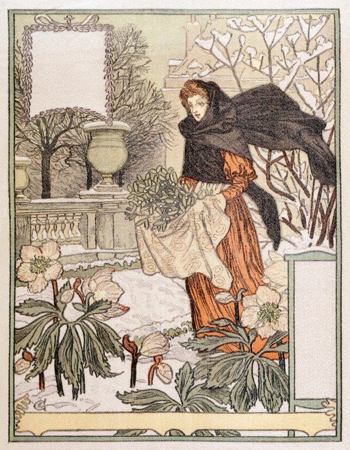 Woman in Winter Garden with Flowers and Mistletoe