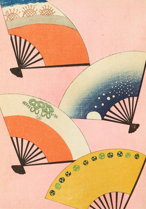 Japanese Fans with Traditional Motifs on Pink Background