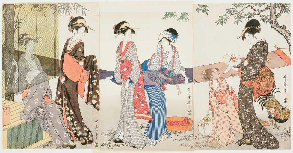 Ukiyo-e Triptych: Women and Child in a Garden Setting