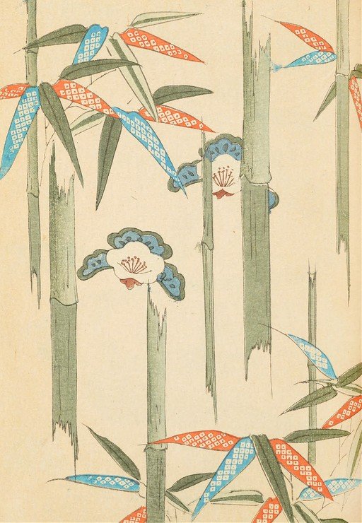 Japanese Woodblock Print of Bamboo and Camellia Flowers