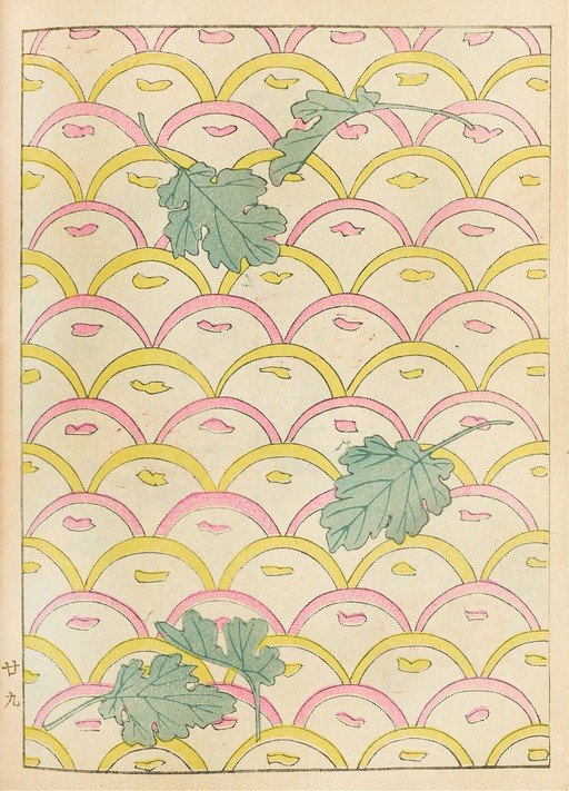 Japanese Woodblock Print: Chrysanthemum Leaves and Scalloped Pattern