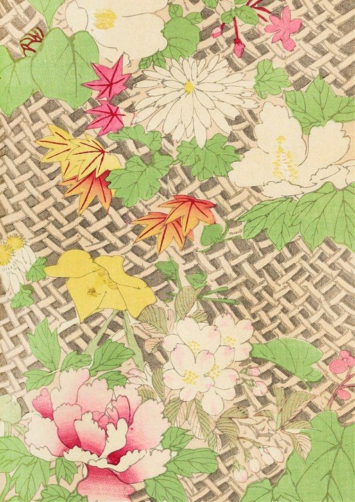 Japanese Floral Woodblock Print with Woven Background