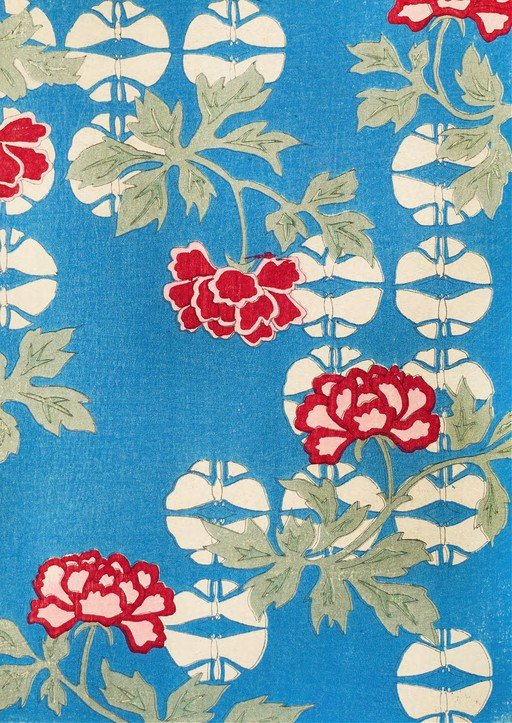 Japanese Peony and Butterfly Textile Design