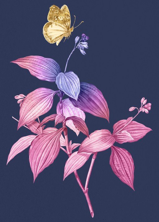 Golden Butterfly and Pink Hosta Leaves