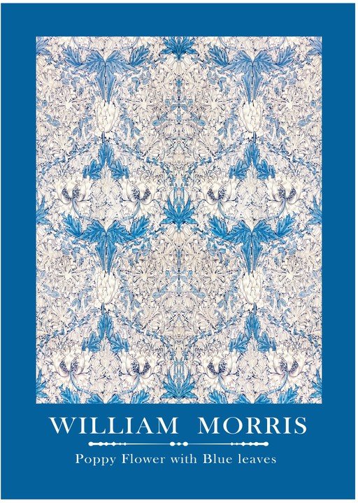 William Morris Poppy Flower with Blue Leaves Textile Design