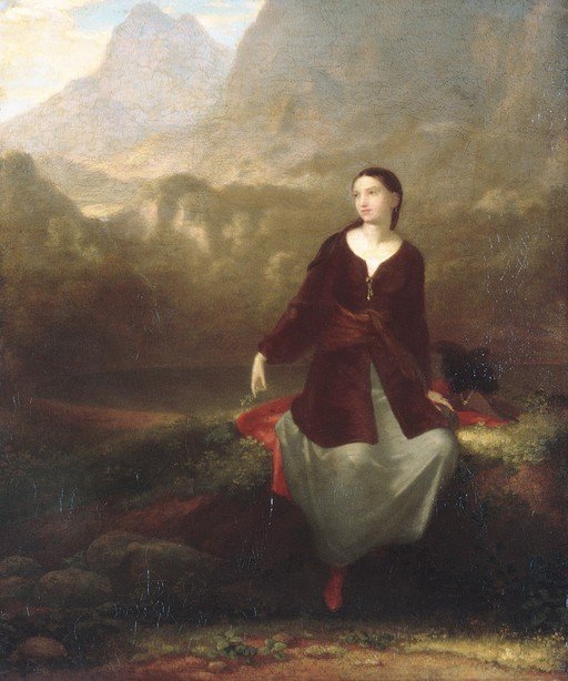 Woman in Red and White Dress in Mountain Landscape