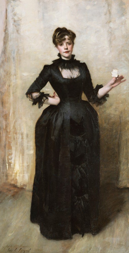 Portrait of a Woman in a Black Dress Holding a White Rose