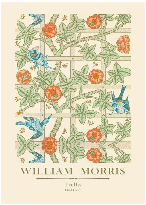 William Morris Trellis Pattern with Birds and Roses
