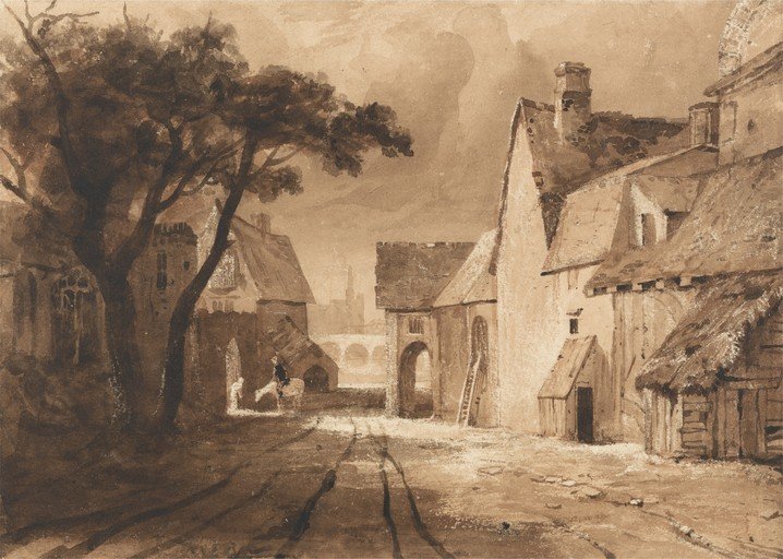 Sepia watercolor of a medieval town square with a horse and rider