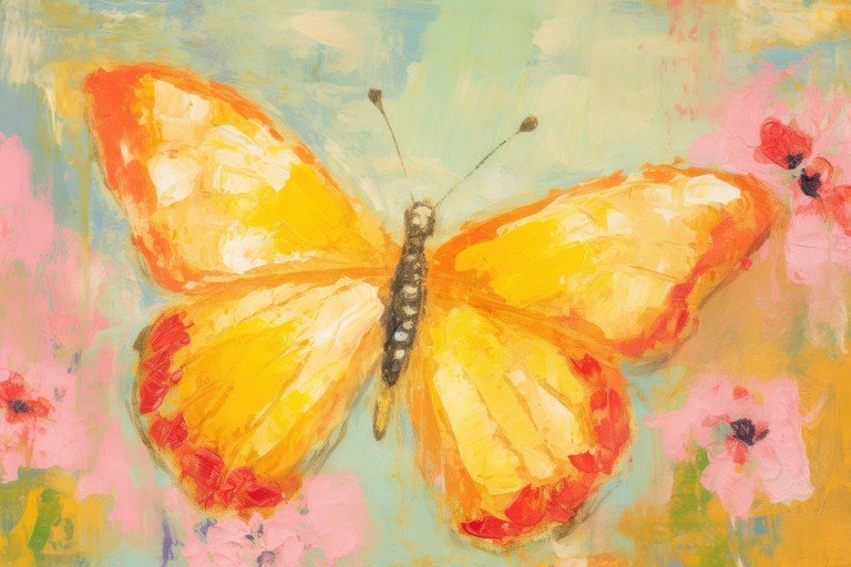 Impressionist Butterfly Painting with Floral Accents
