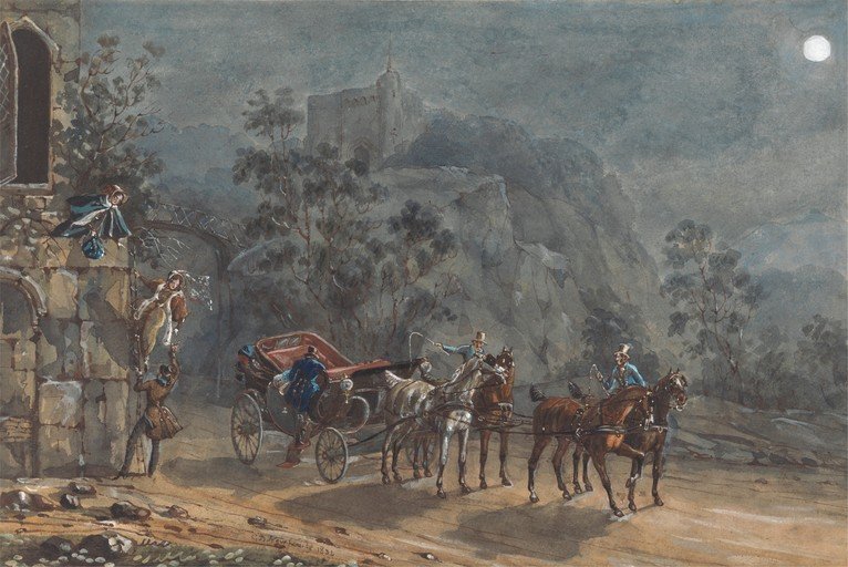 Dramatic Night Scene with Carriage and Figures