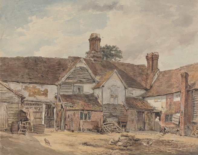 Watercolor of a Rustic Farmhouse Courtyard