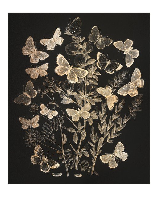 Vintage Butterfly and Botanical Illustration on Black