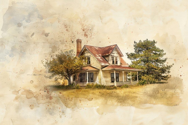 Vintage Abandoned Farmhouse with Autumn Tree