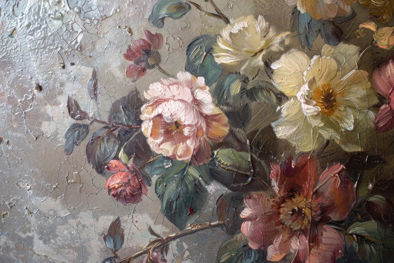 Vintage Oil Painting of Roses with Cracked Texture