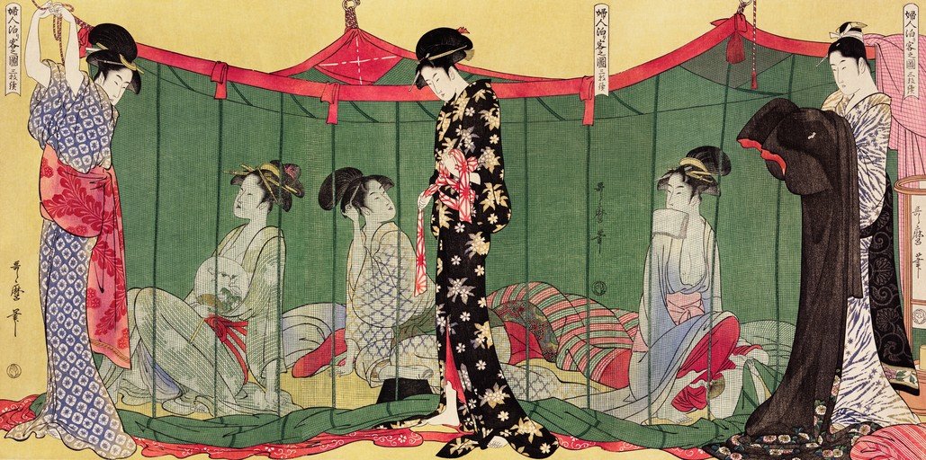 Ukiyo-e print of women in a Japanese interior