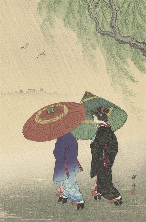 Two Women with Umbrellas in the Rain