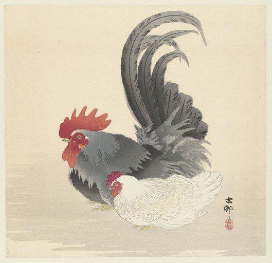 Rooster and Hen in Traditional Japanese Art Style