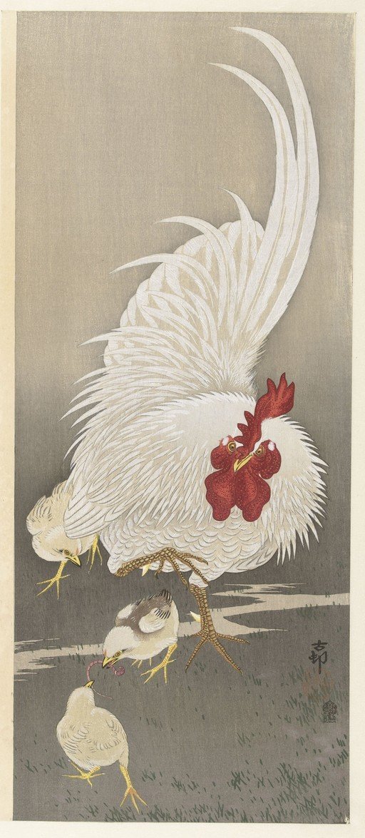 White Rooster and Chicks in a Japanese Woodblock Print