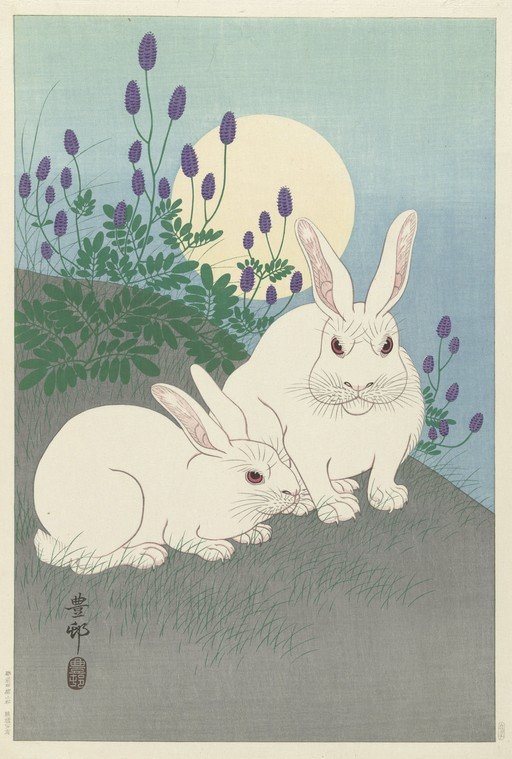 Two Rabbits Under the Moon with Purple Flowers