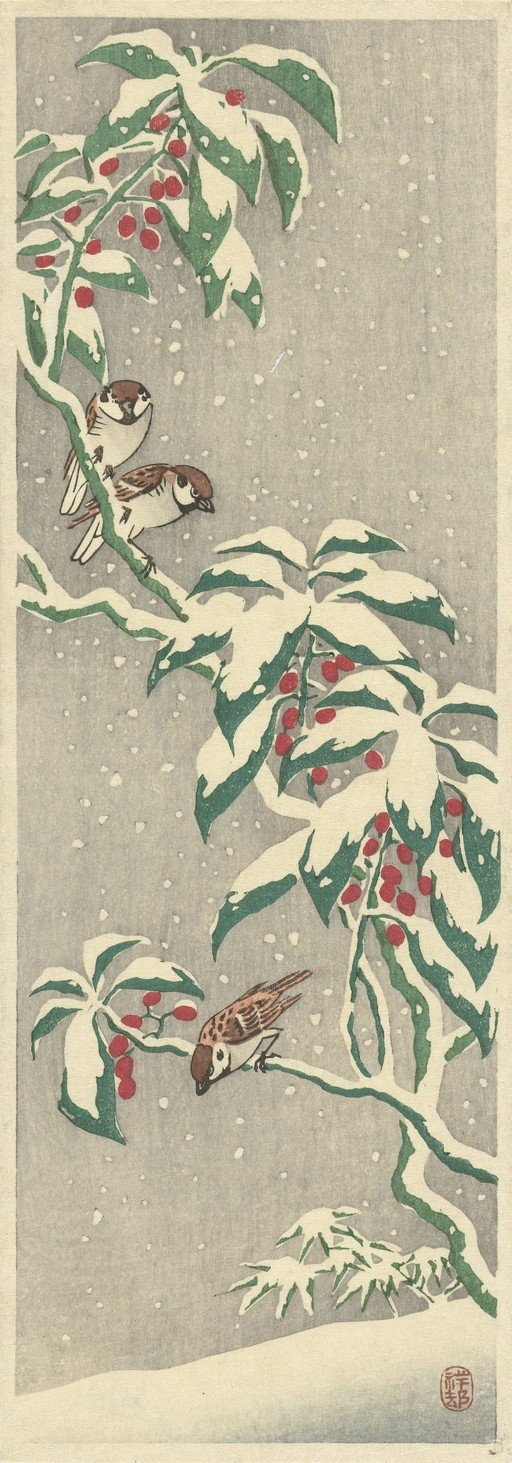 Sparrows on Snowy Branches with Berries