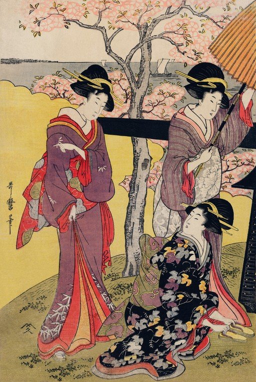 Three Geishas Under Cherry Blossoms