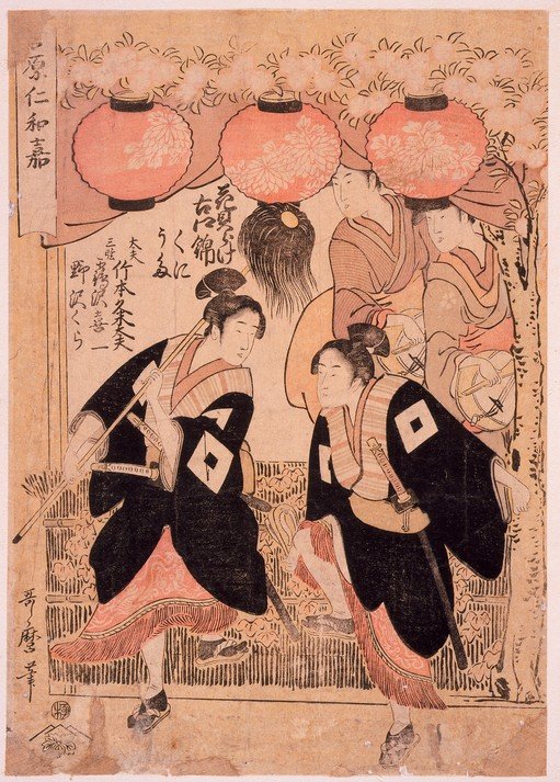 Ukiyo-e print of actors under lanterns